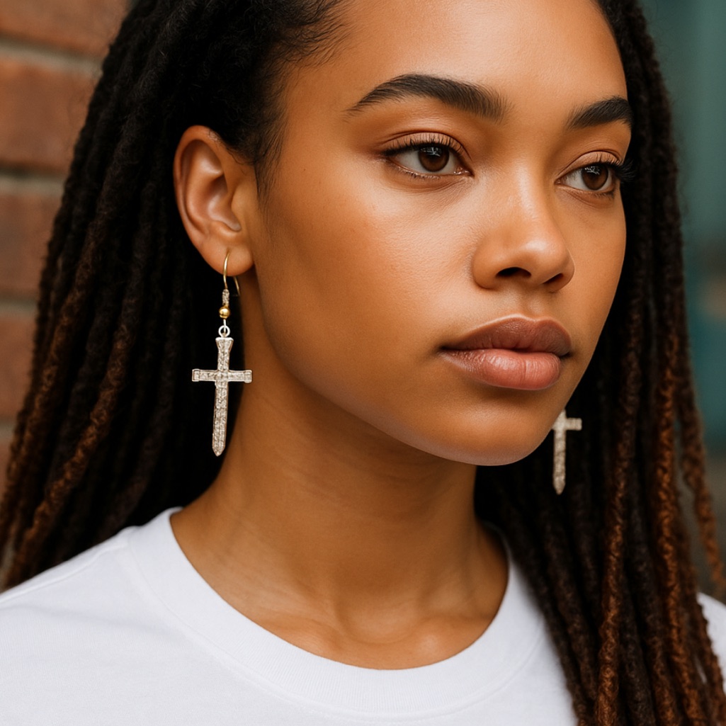 Gold Cross Dangle Earrings. New